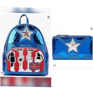 Loungefly - Bundle of Backpack and Wallet- Metallic Captain America Cosplay